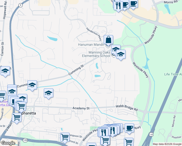 map of restaurants, bars, coffee shops, grocery stores, and more near 16006 Lake Union Hill Way in Alpharetta