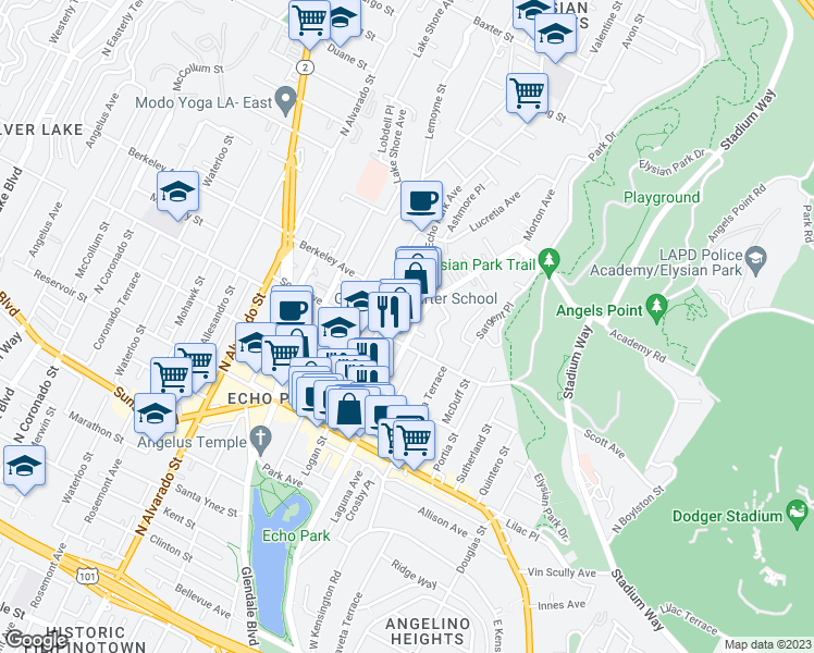 map of restaurants, bars, coffee shops, grocery stores, and more near 1515 Echo Park Avenue in Los Angeles