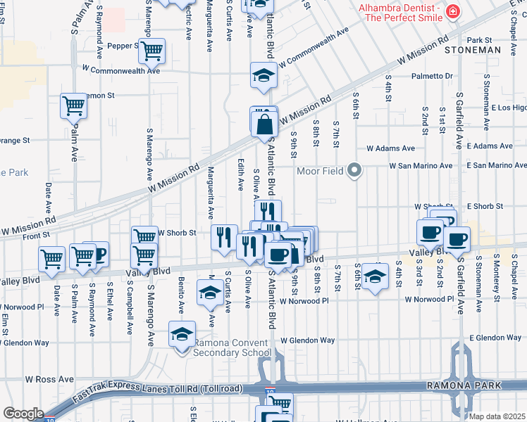 map of restaurants, bars, coffee shops, grocery stores, and more near 1027 South Atlantic Boulevard in Alhambra