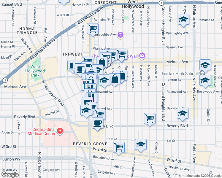 map of restaurants, bars, coffee shops, grocery stores, and more near 507 Orlando Avenue in West Hollywood