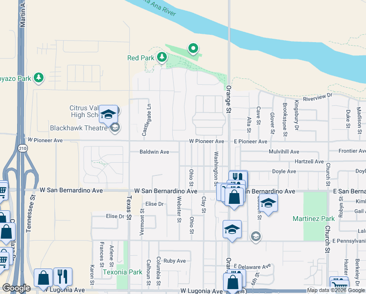 map of restaurants, bars, coffee shops, grocery stores, and more near 1721 Ohio Street in Redlands