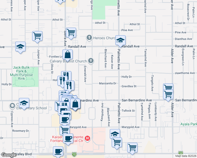 map of restaurants, bars, coffee shops, grocery stores, and more near 17134 Manzanita Drive in Fontana