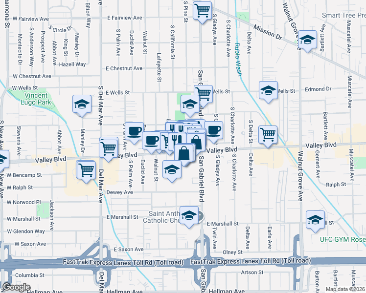 map of restaurants, bars, coffee shops, grocery stores, and more near 624 East Valley Boulevard in San Gabriel