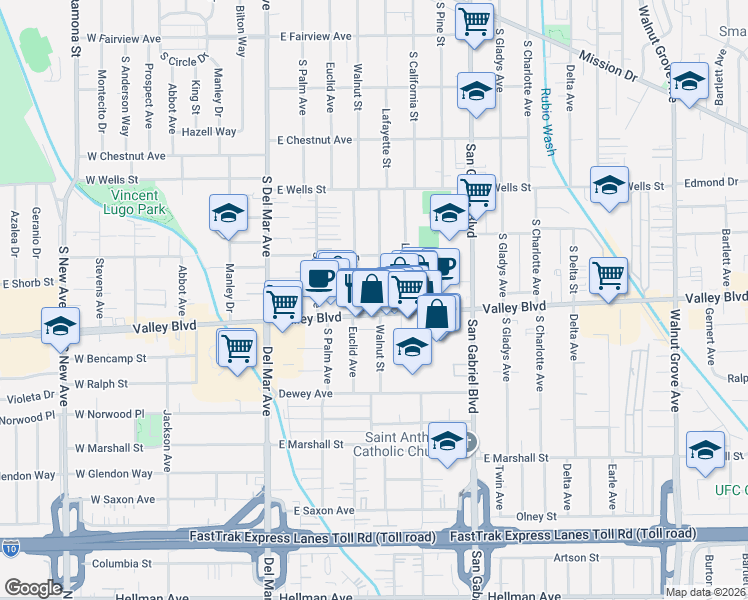 map of restaurants, bars, coffee shops, grocery stores, and more near 421 East Valley Boulevard in San Gabriel