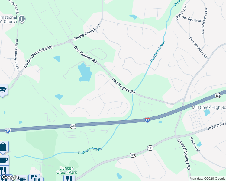 map of restaurants, bars, coffee shops, grocery stores, and more near 4247 Rovello Way Northeast in Buford