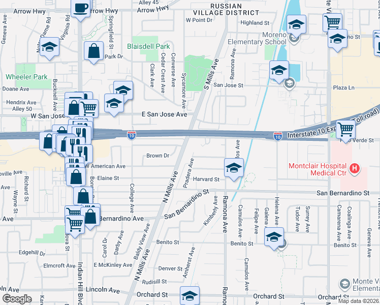 map of restaurants, bars, coffee shops, grocery stores, and more near 9589 Pradera Avenue in Montclair