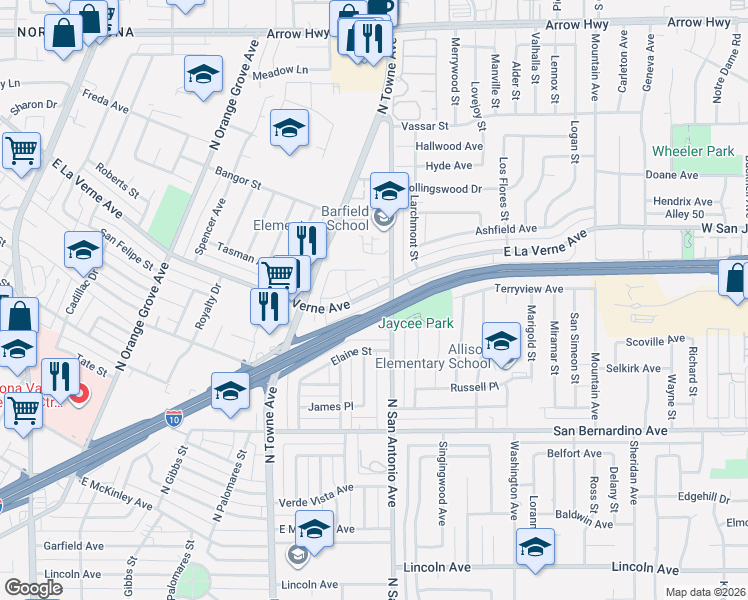 map of restaurants, bars, coffee shops, grocery stores, and more near 718 East La Verne Avenue in Pomona