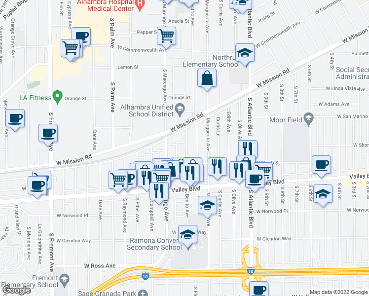 map of restaurants, bars, coffee shops, grocery stores, and more near 1005 Benito Avenue in Alhambra