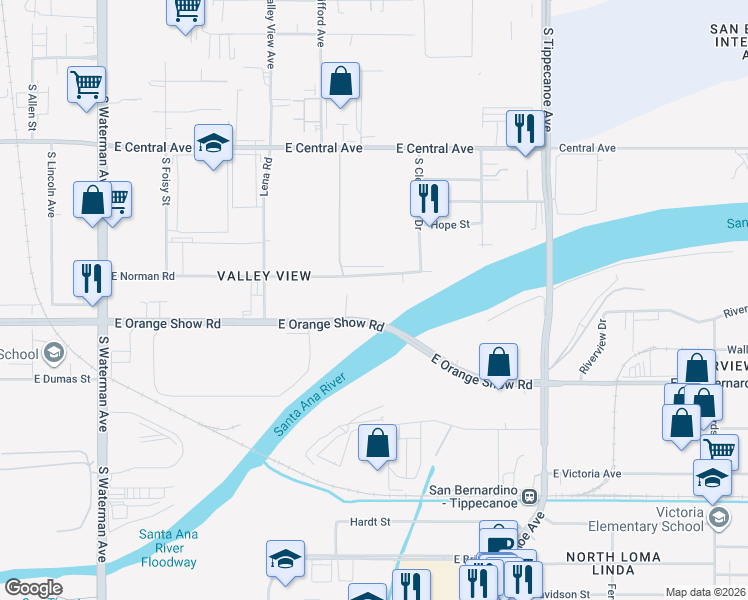 map of restaurants, bars, coffee shops, grocery stores, and more near 797 East Norman Road in San Bernardino