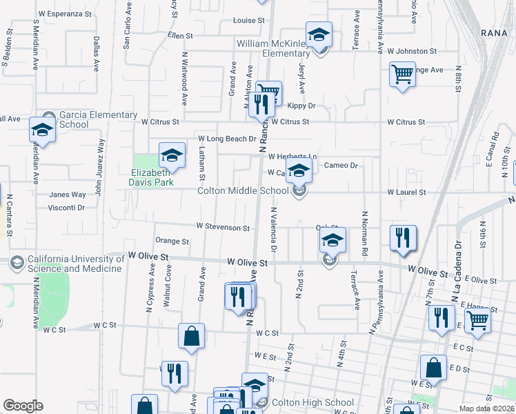 map of restaurants, bars, coffee shops, grocery stores, and more near 1230 North Rancho Avenue in Colton