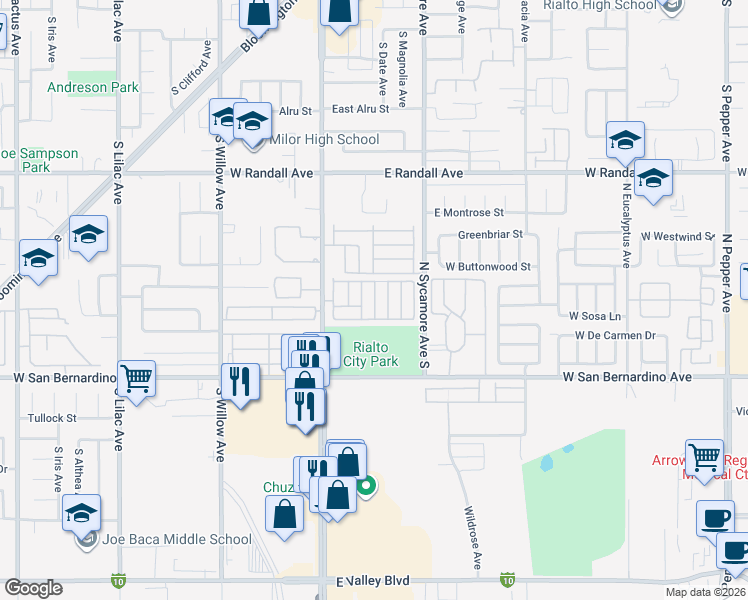 map of restaurants, bars, coffee shops, grocery stores, and more near 1210 North Sycamore Avenue South in Colton