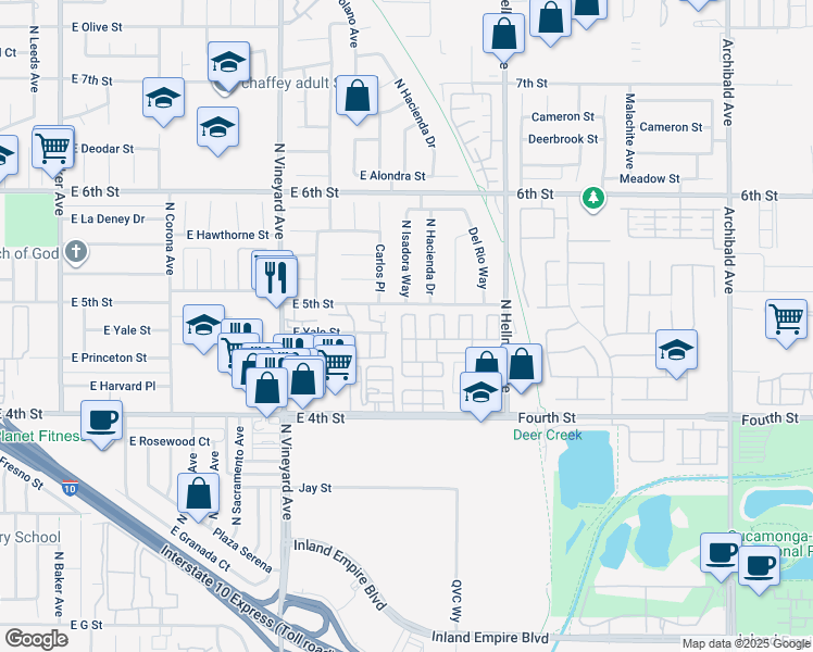 map of restaurants, bars, coffee shops, grocery stores, and more near 2052 East Yale Street in Ontario