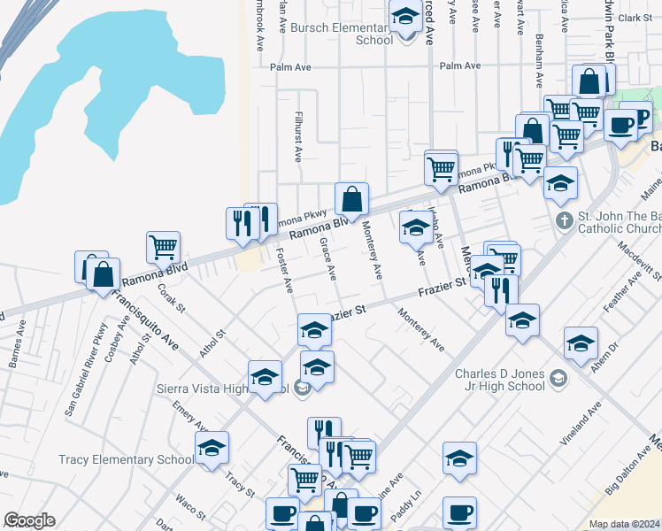 map of restaurants, bars, coffee shops, grocery stores, and more near 3748 Grace Avenue in Baldwin Park