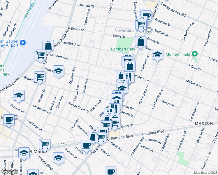 map of restaurants, bars, coffee shops, grocery stores, and more near 4145 Elrovia Avenue in El Monte