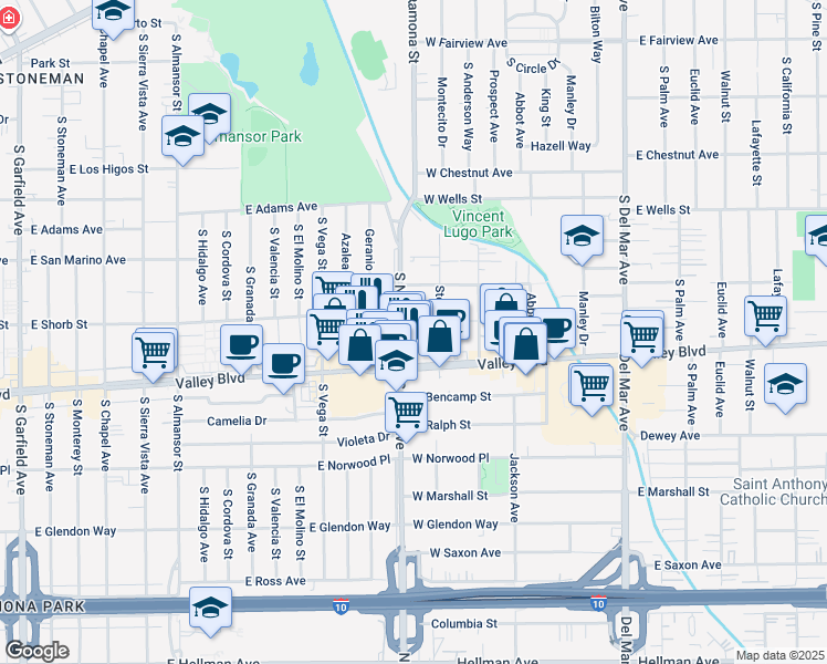map of restaurants, bars, coffee shops, grocery stores, and more near 1552 New Avenue in Alhambra