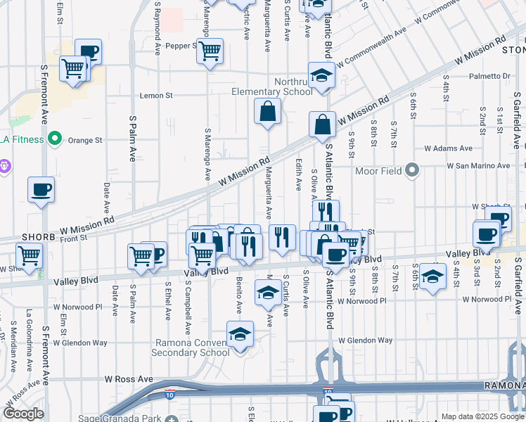 map of restaurants, bars, coffee shops, grocery stores, and more near 1095 Marguerita Avenue in Alhambra