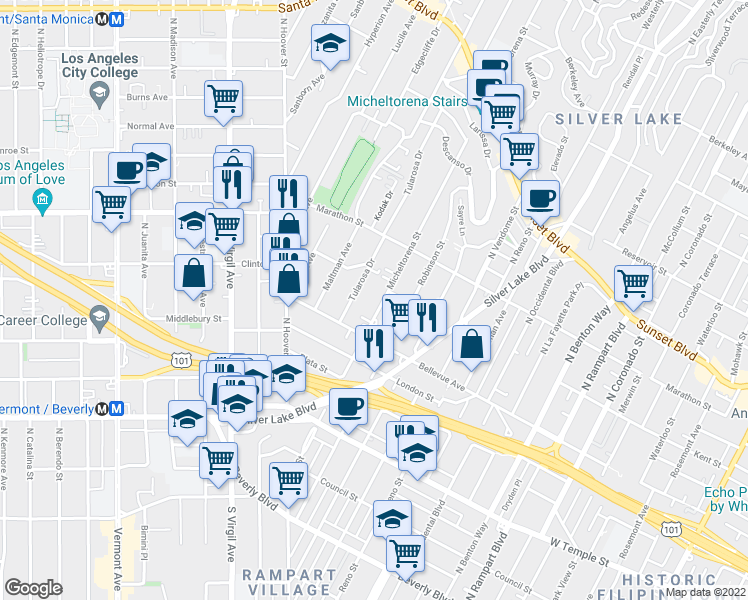 map of restaurants, bars, coffee shops, grocery stores, and more near 623 Micheltorena Street in Los Angeles