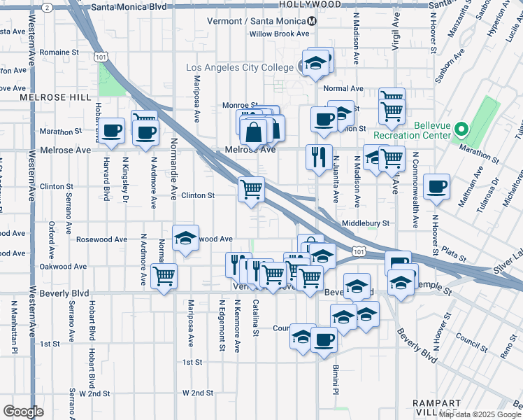 map of restaurants, bars, coffee shops, grocery stores, and more near 533 North Berendo Street in Los Angeles