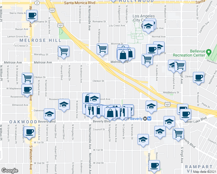 map of restaurants, bars, coffee shops, grocery stores, and more near 528 North Alexandria Avenue in Los Angeles