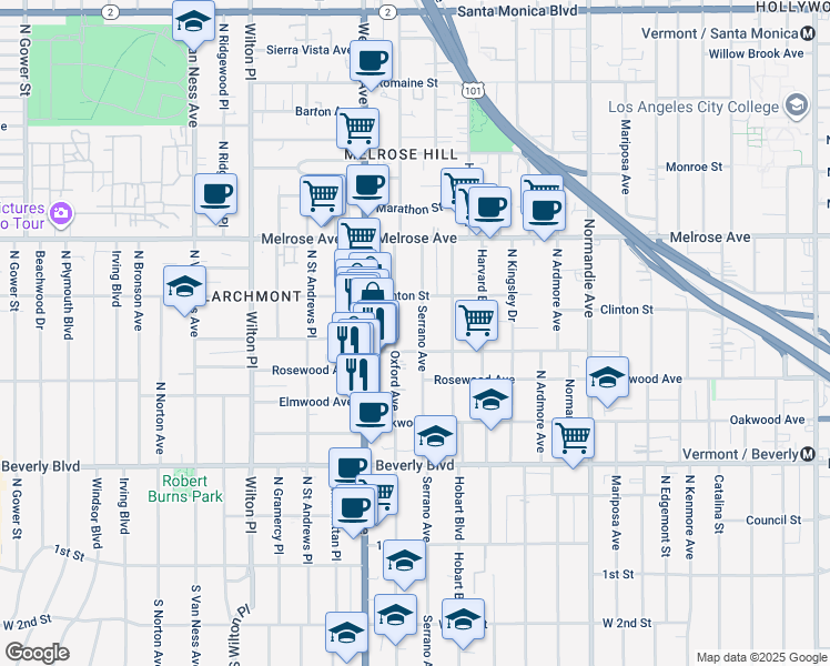 map of restaurants, bars, coffee shops, grocery stores, and more near 502 North Serrano Avenue in Los Angeles