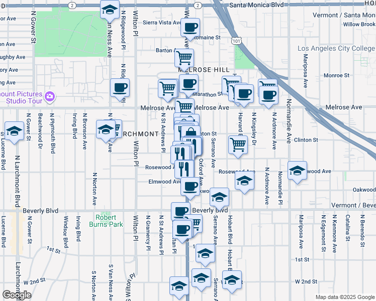 map of restaurants, bars, coffee shops, grocery stores, and more near 4914 West Maplewood Avenue in Los Angeles