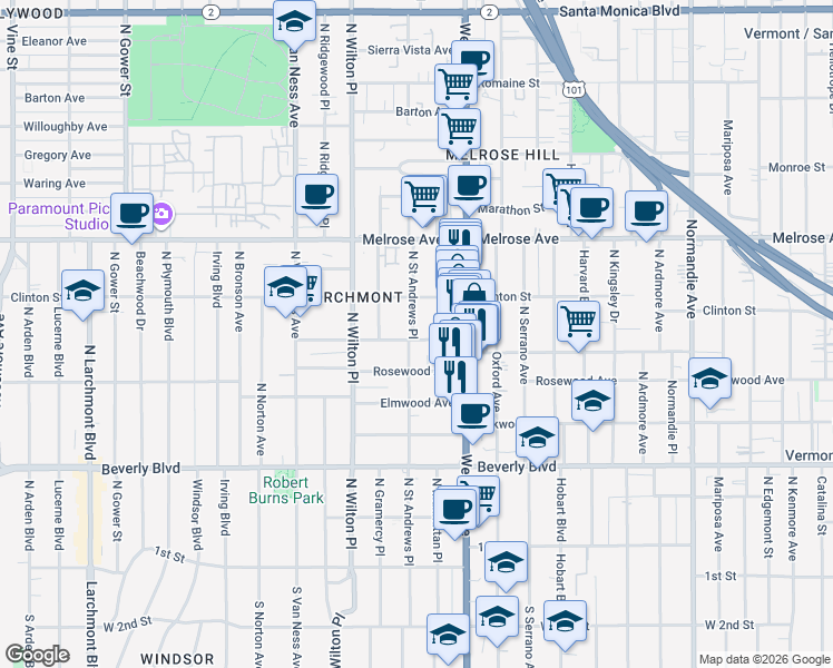 map of restaurants, bars, coffee shops, grocery stores, and more near 470 North Saint Andrews Place in Los Angeles