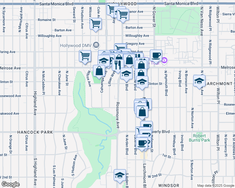 map of restaurants, bars, coffee shops, grocery stores, and more near 535 North Rossmore Avenue in Los Angeles