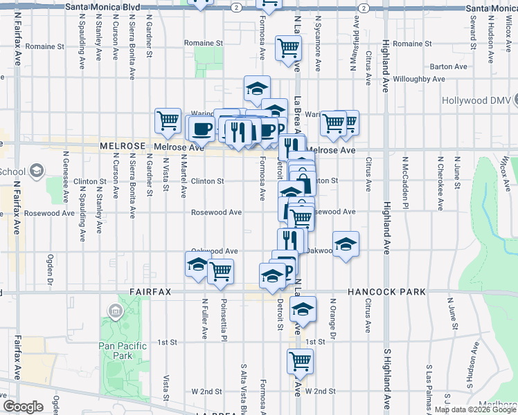 map of restaurants, bars, coffee shops, grocery stores, and more near 7216 Rosewood Avenue in Los Angeles