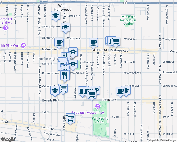 map of restaurants, bars, coffee shops, grocery stores, and more near North Spaulding Avenue in Los Angeles