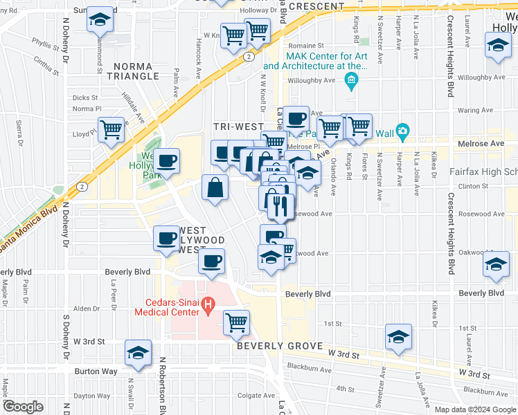map of restaurants, bars, coffee shops, grocery stores, and more near 500 Westbourne Drive in West Hollywood