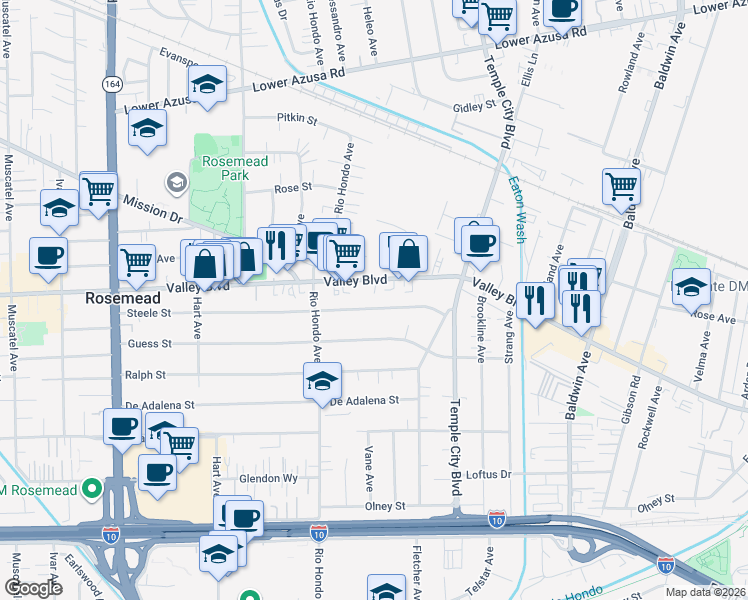map of restaurants, bars, coffee shops, grocery stores, and more near 9501 Steele Street in Rosemead