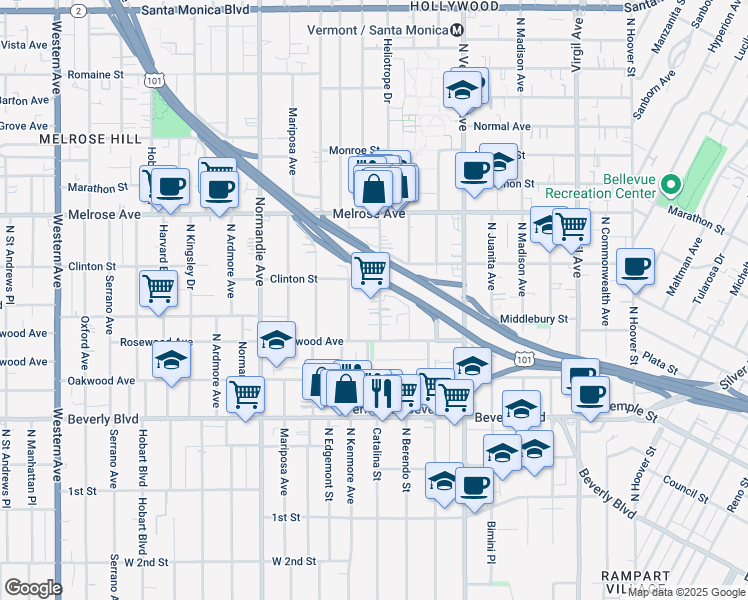 map of restaurants, bars, coffee shops, grocery stores, and more near 529 North Heliotrope Drive in Los Angeles