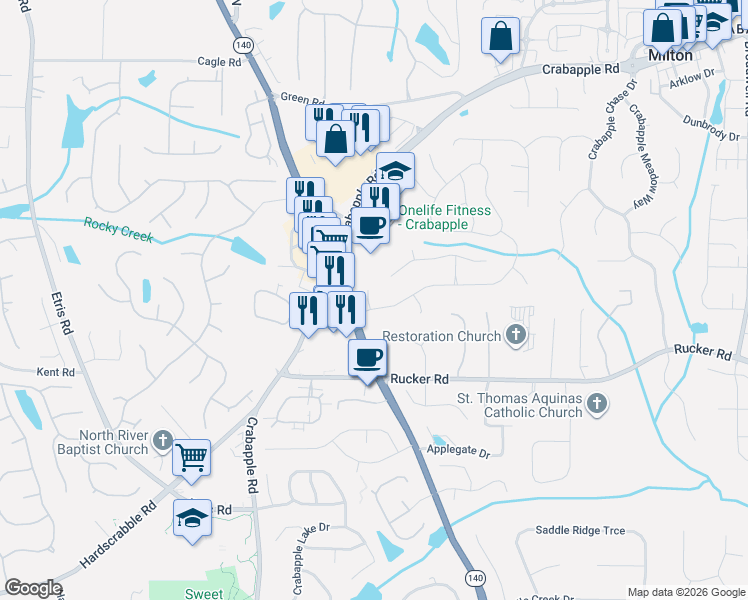 map of restaurants, bars, coffee shops, grocery stores, and more near 190 North Farm Drive in Alpharetta
