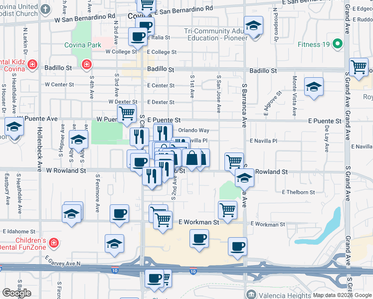 map of restaurants, bars, coffee shops, grocery stores, and more near 514 South Eremland Drive in Covina