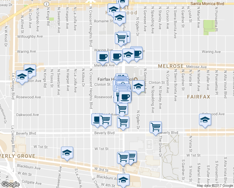 map of restaurants, bars, coffee shops, grocery stores, and more near 514 Hayworth Avenue in Los Angeles