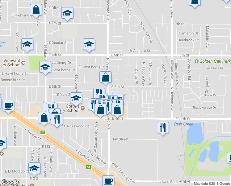 map of restaurants, bars, coffee shops, grocery stores, and more near 1931 East Yale Street in Ontario
