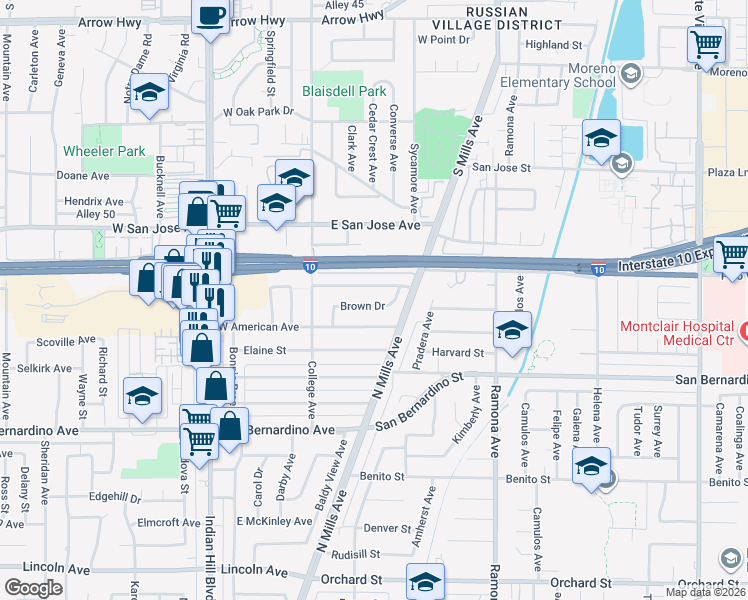 map of restaurants, bars, coffee shops, grocery stores, and more near 164 Brown Drive in Claremont