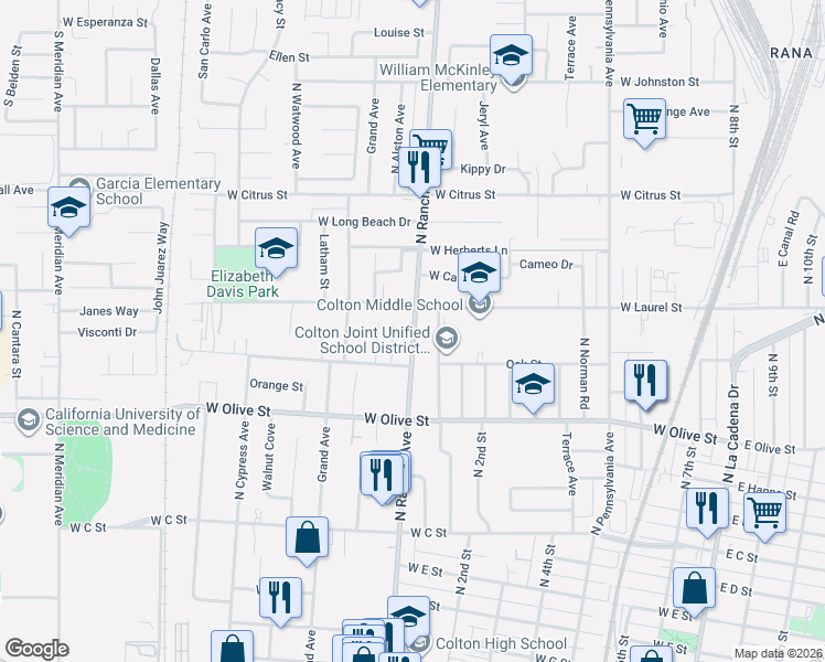 map of restaurants, bars, coffee shops, grocery stores, and more near 1261 North Rancho Avenue in Colton