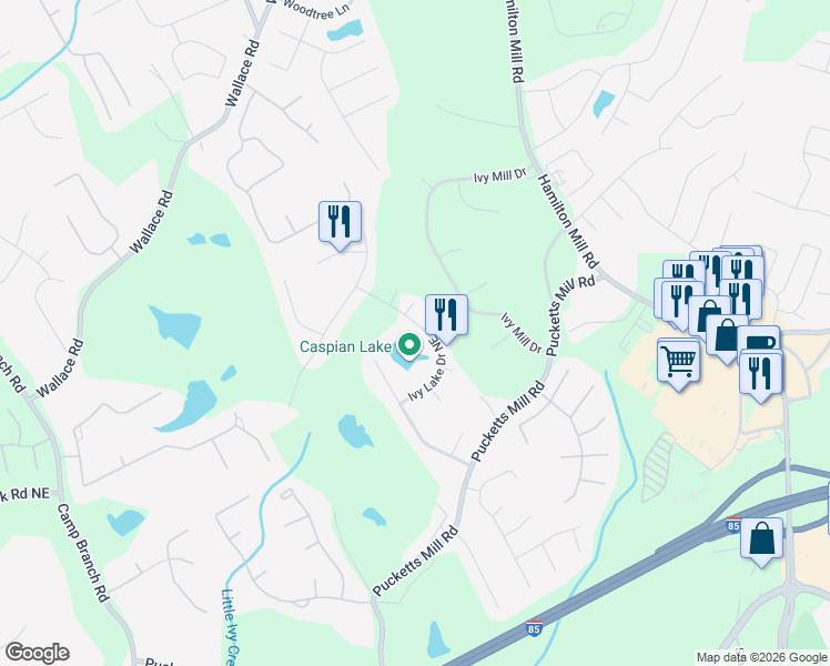 map of restaurants, bars, coffee shops, grocery stores, and more near 3320 Ivy Lake Drive Northeast in Buford