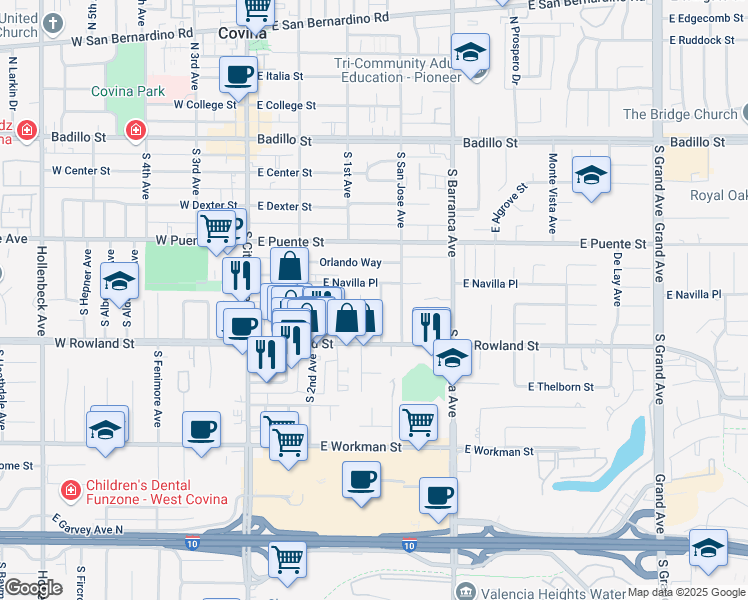 map of restaurants, bars, coffee shops, grocery stores, and more near 526 South 1st Avenue in Covina