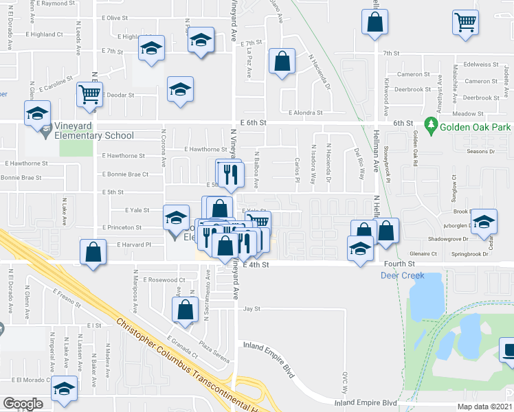 map of restaurants, bars, coffee shops, grocery stores, and more near 1941 East Yale Street in Ontario