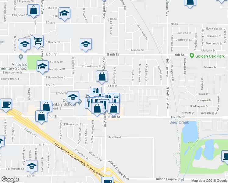 map of restaurants, bars, coffee shops, grocery stores, and more near 1939 East Yale Street in Ontario