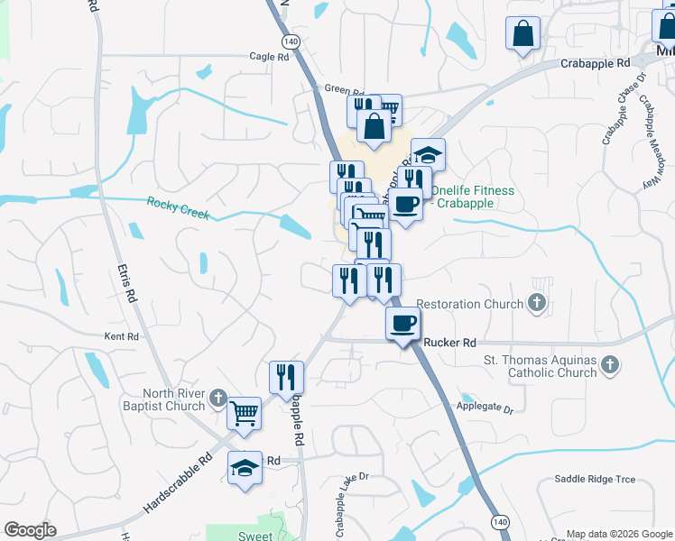 map of restaurants, bars, coffee shops, grocery stores, and more near 300 Sweet Apple Circle in Alpharetta