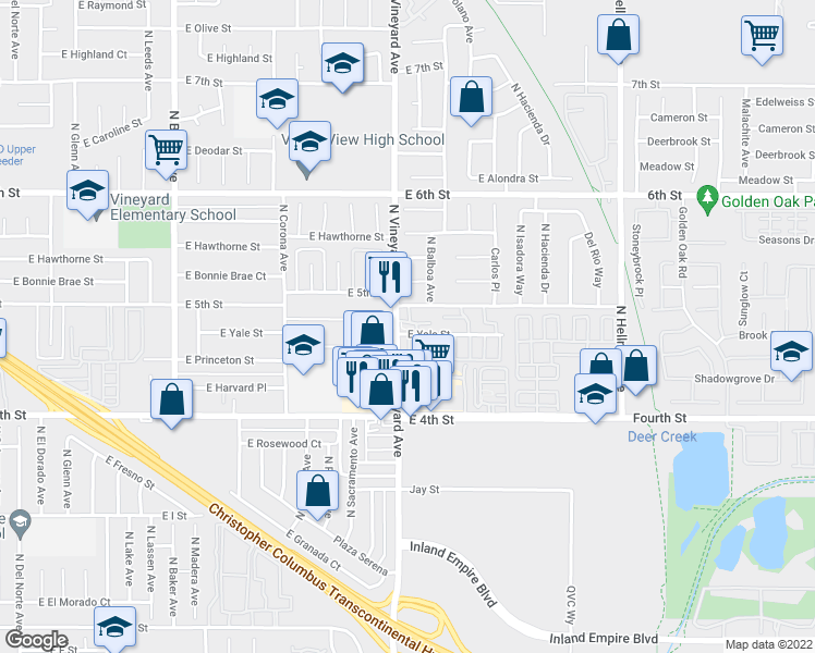 map of restaurants, bars, coffee shops, grocery stores, and more near 1905 East Yale Street in Ontario