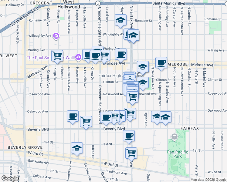 map of restaurants, bars, coffee shops, grocery stores, and more near 517 North Edinburgh Avenue in Los Angeles