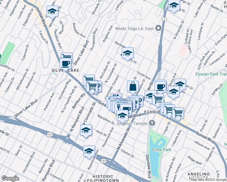 map of restaurants, bars, coffee shops, grocery stores, and more near 2320 Reservoir Street in Los Angeles