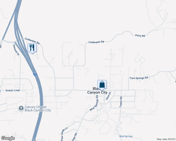 map of restaurants, bars, coffee shops, grocery stores, and more near 33235 Canyon Road in Black Canyon City