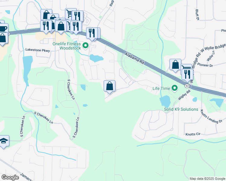 map of restaurants, bars, coffee shops, grocery stores, and more near 264 Glens Loop in Woodstock