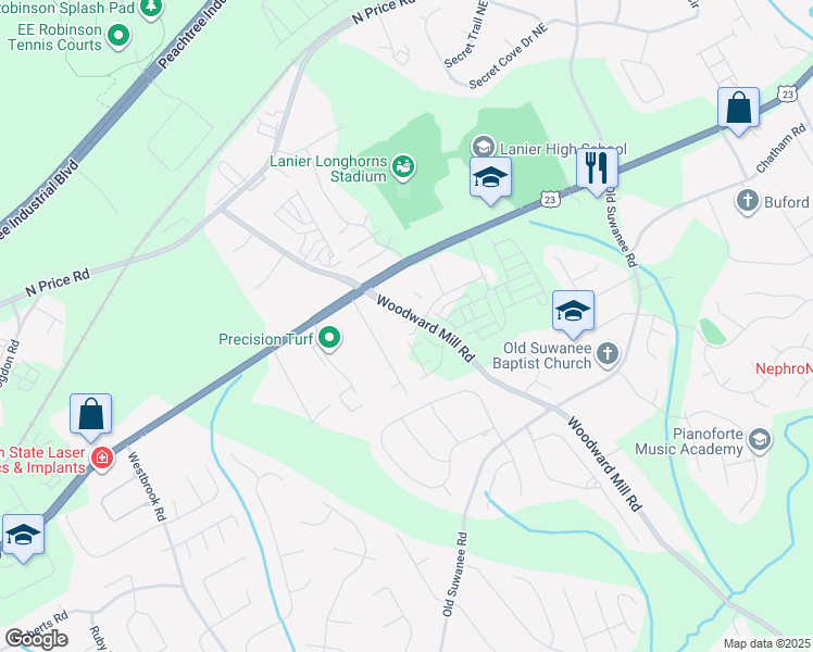 map of restaurants, bars, coffee shops, grocery stores, and more near 4278 Woodward Mill Road in Buford