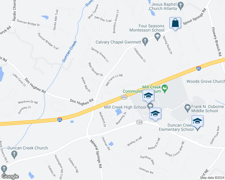 map of restaurants, bars, coffee shops, grocery stores, and more near 4416 Water Mill Drive in Buford